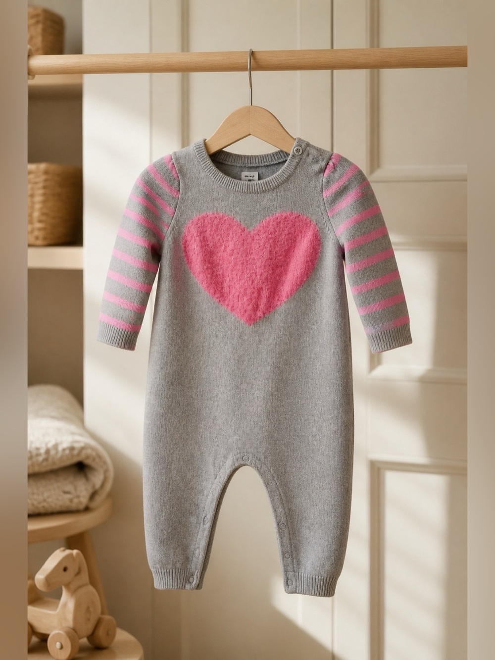GRAY AND PINK HEART SWEATER ONE PIECE BY BABY GAP 6-12 MONTHS